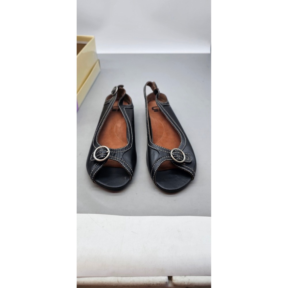 Culture Phit Elsa Black Leather Peep Toe Slingback Flats Ring Detail Size 40W 9